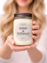Load image into Gallery viewer, AMBER &amp; DRIFTWOOD Soy Candle in Mason Jar Unique Gift