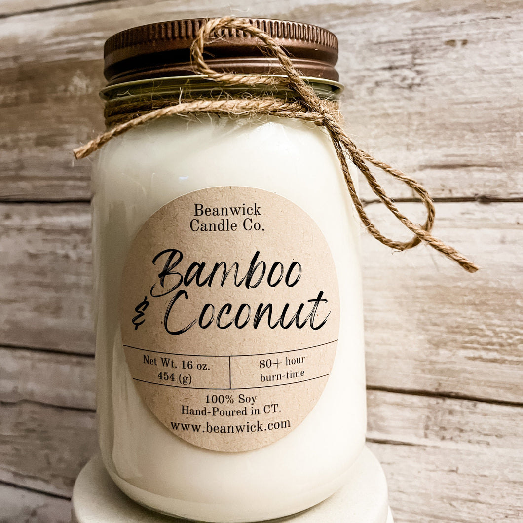 BAMBOO & COCONUT Soy Candle in Mason Jar Unique Gift