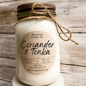 CORIANDER & TONKA Soy Candle in Mason Jar Unique Gift