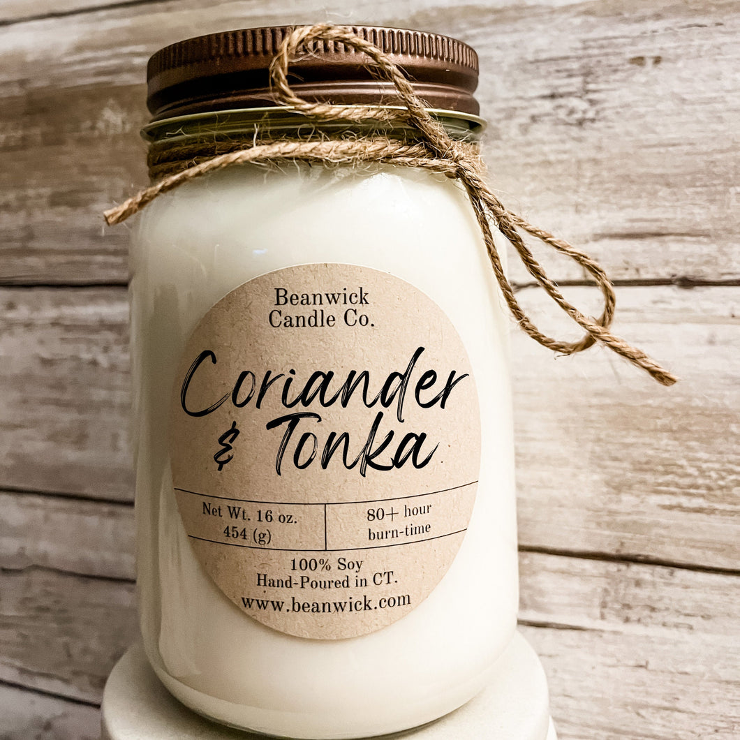 CORIANDER & TONKA  Soy Candle in Mason Jar Unique Gift