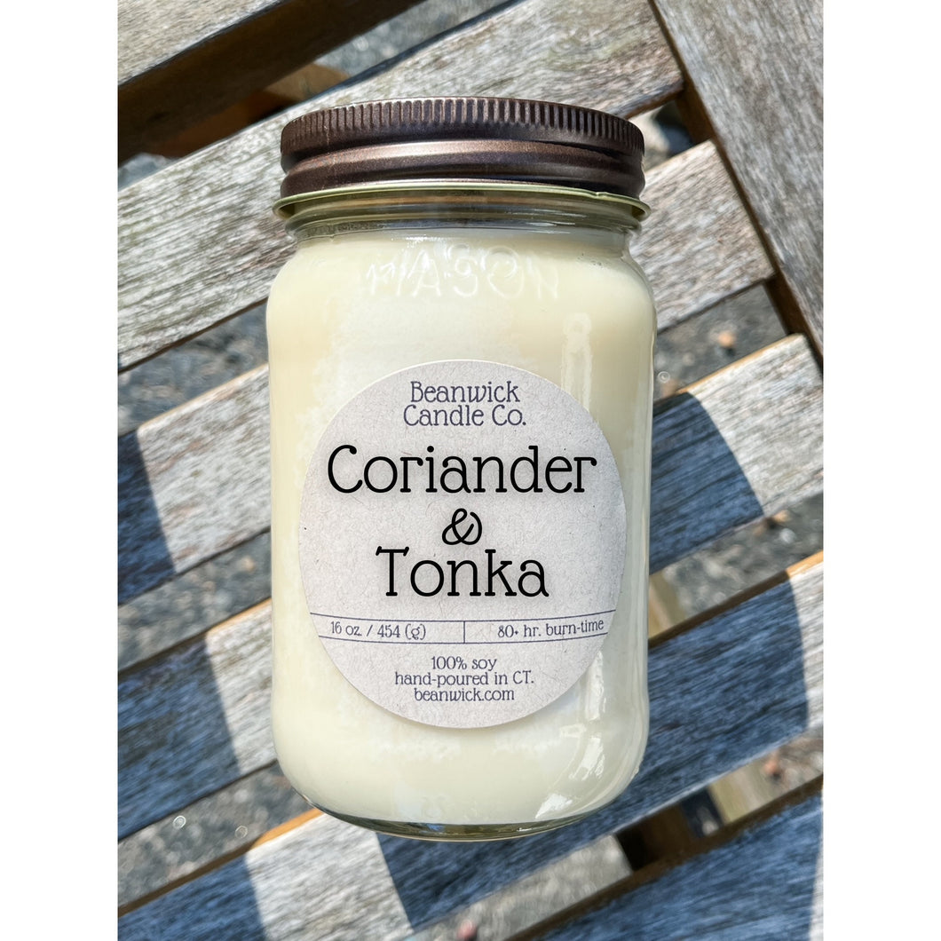 CORIANDER & TONKA Soy Candle in Mason Jar Unique Gift